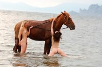 Голые девушки купают лошадь в реке