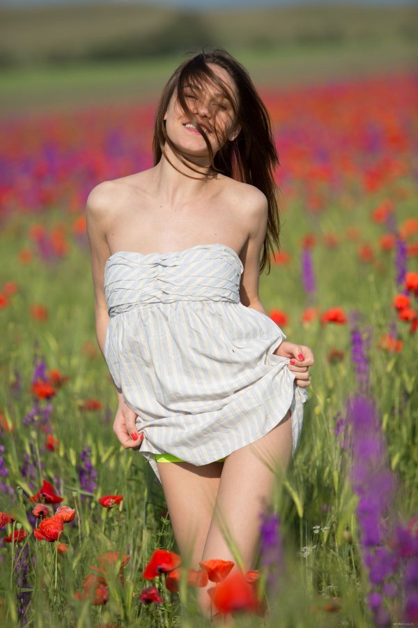 Молодая голая девушка на маковом поле